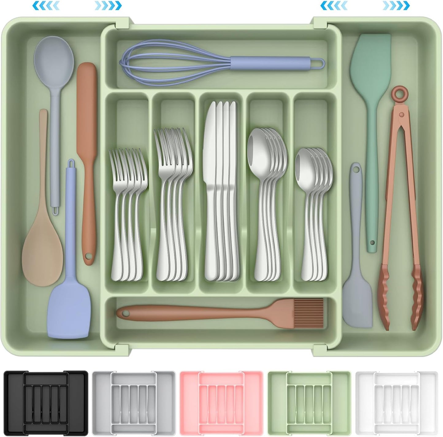 Ukeetap Extra Large Expandable Silverware Organizer - BPA-Free Cutlery Drawer Holder | Adjustable Green Design