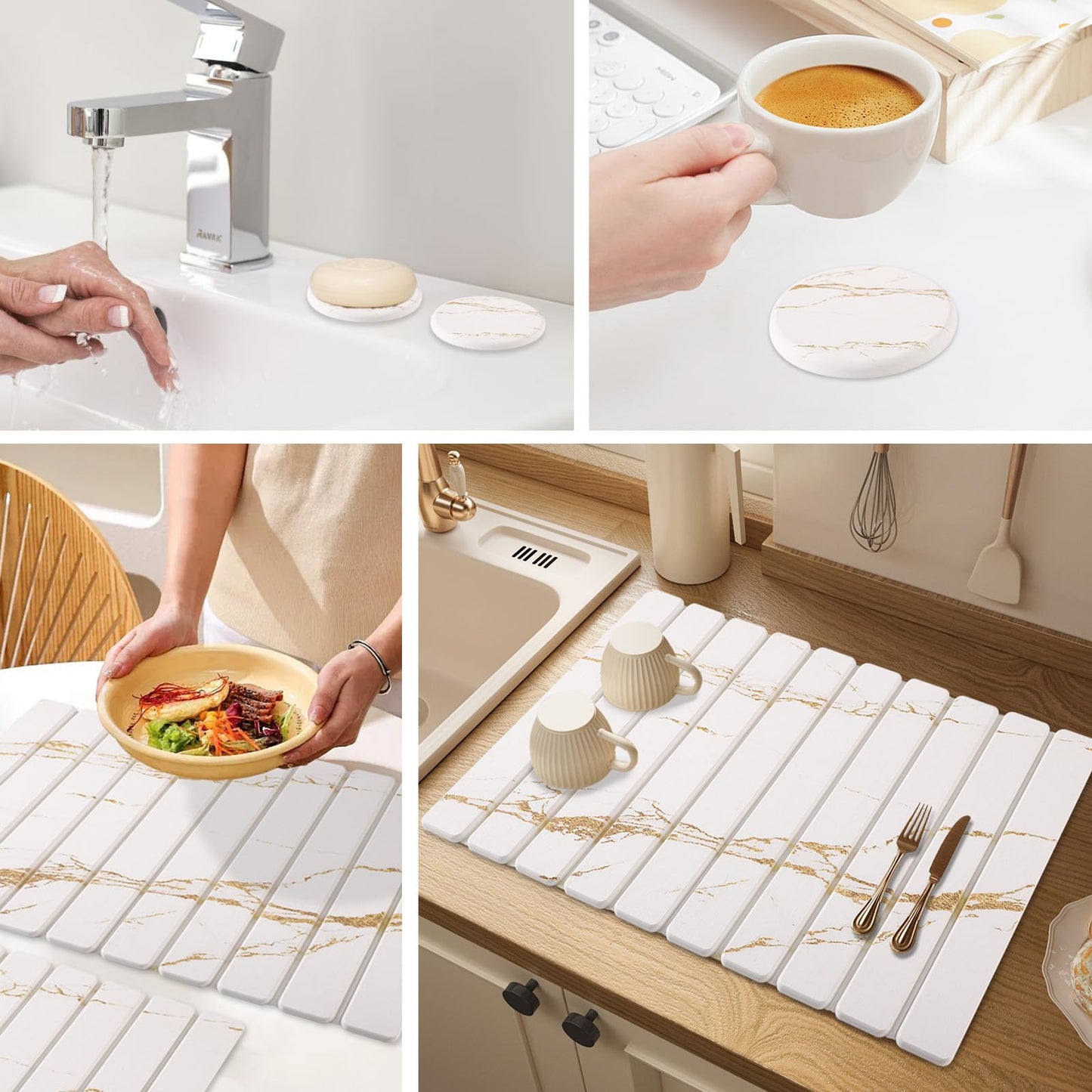 3 PCS Large Stone Dish Drying Mat for Kitchen Counter - Quick Dry Diatomaceous Earth Mat with 2 Coasters, Ultra Absorbent Stone Drying Pad for Dishes & Cups, Heat Resistant, Gold Marble