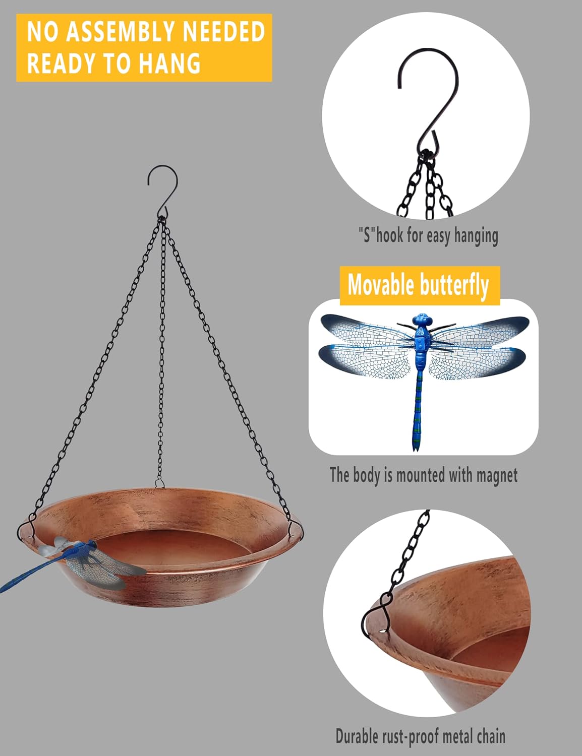 Skiennix Hanging Bird Bath - Antique Copper Metal Feeder with 17” Rust-Proof Chains for Garden Decor
