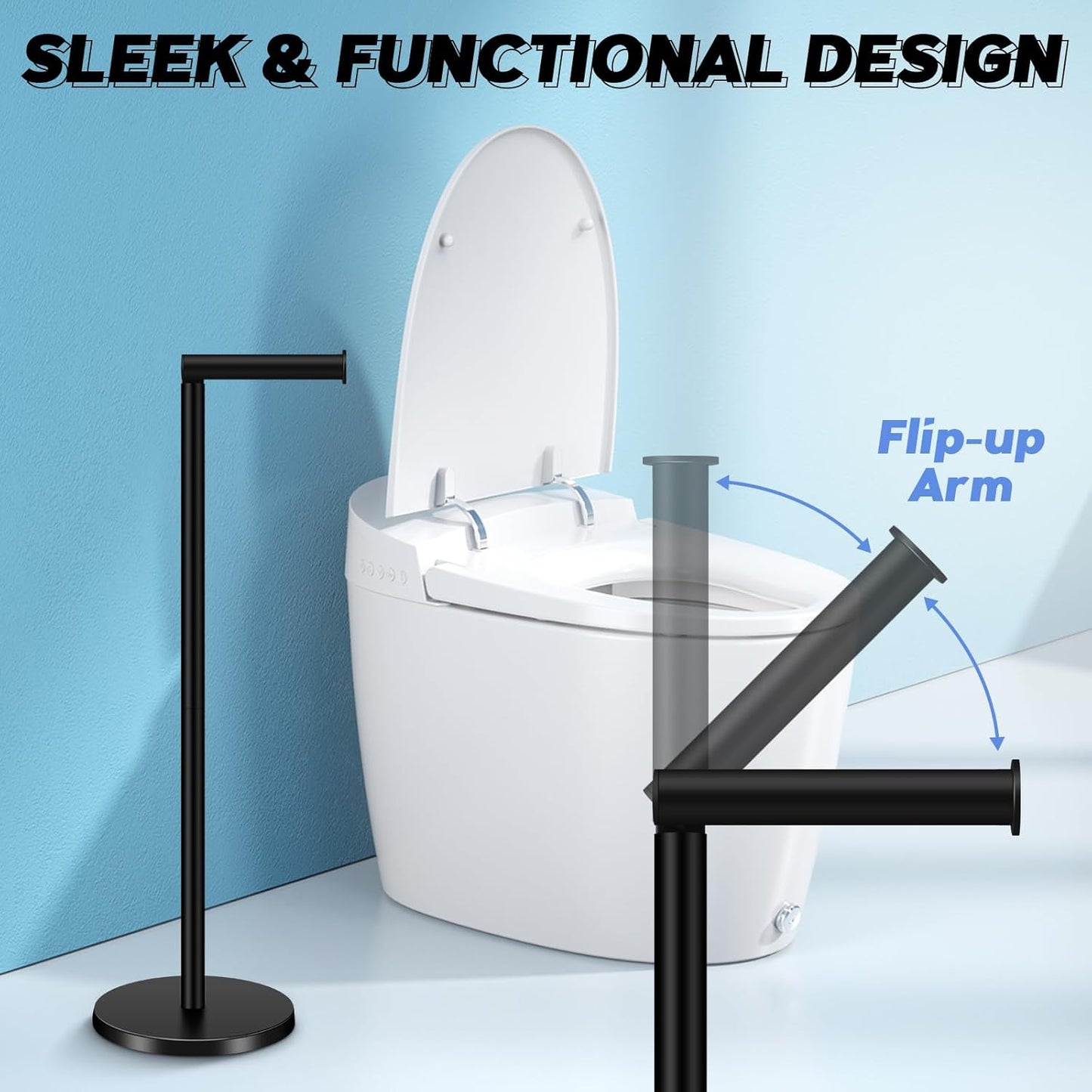 TACGEA Toilet Paper Holder Stand - Stainless Steel Free-Standing Design | Holds 4 Rolls - Black Set of 2