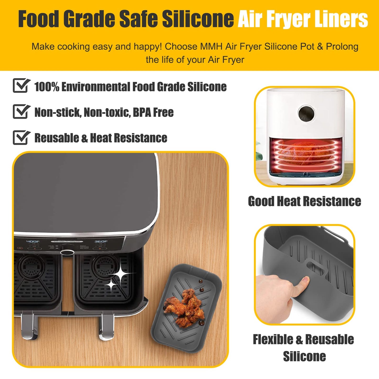 2Pcs Air Fryer Silicone Liners Rectangular for Ninja Foodi Dual DZ201 8QT/DZ090 6QT/Ninja DoubleStack SL201 8QT, MMH Reusable Airfryer Pot Baking Basket | Non-stick | Easy Cleaning | Food Safe | Gray