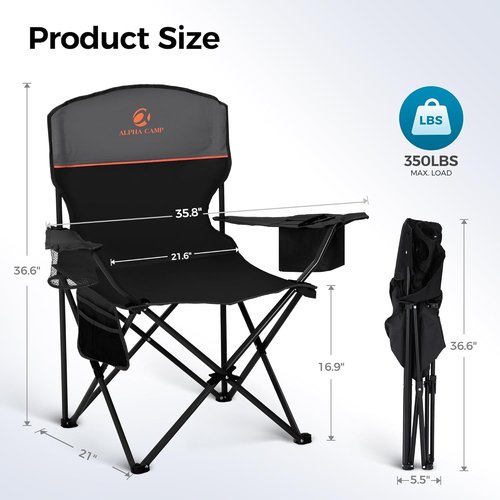ALPHA CAMP Heavy Duty Camping Chairs - 350LBS Capacity with Cooler Bag & Cup Holder | Portable Black 2PC Set