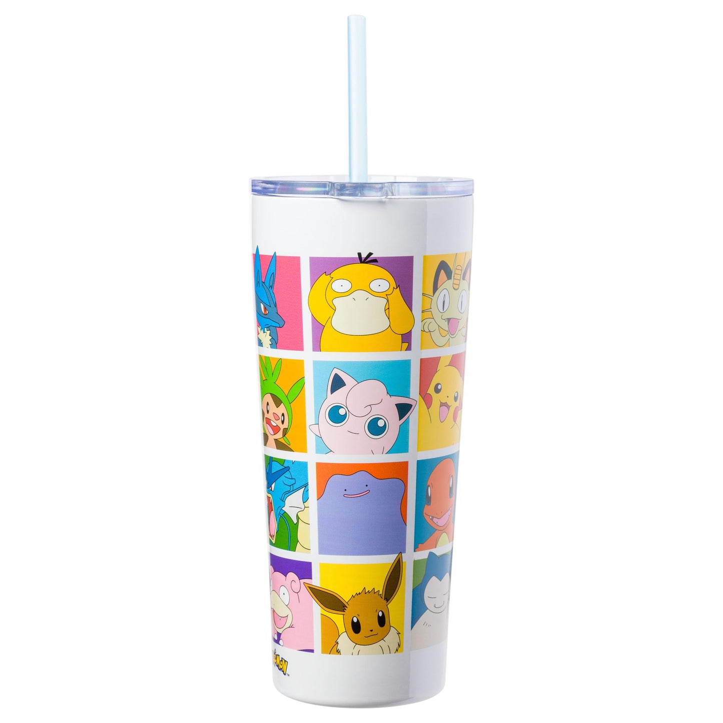 Silver Buffalo Pokemon Pikachu, Snorlax, Charmander, Squirtle, Bulbasaur, Eevee, Gengar, Togepi, Magikarp, Psyduck, Jigglypuff, Meowth, Mew Double Walled Stainless Steel Tumbler with Straw, 22 Ounces