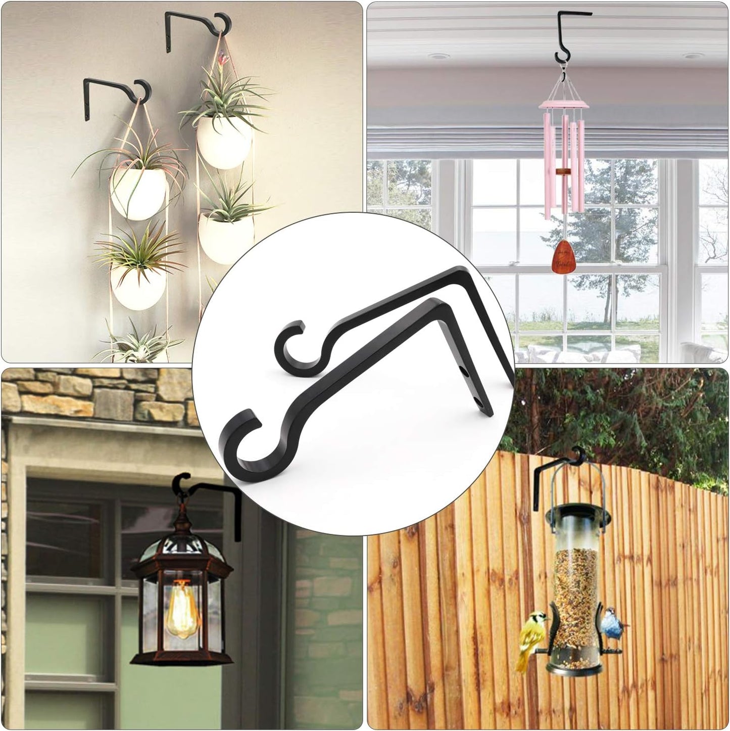 QIEGL Metal Hanging Plant Bracket - 6-Inch Decorative Shepherd's Hook for Indoor & Outdoor Use | 2 Pack (Black)
