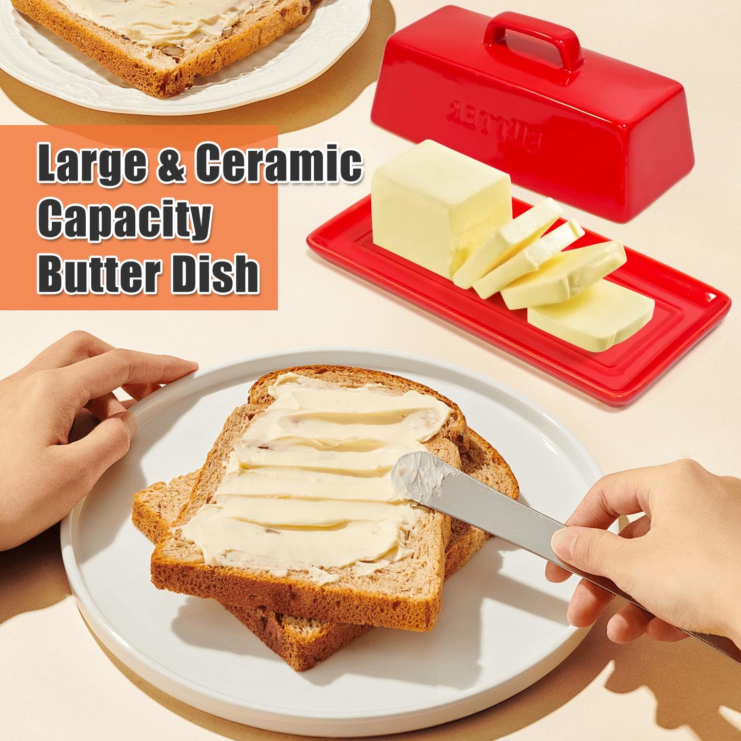 Gute Butter Dish with Lid for Countertop, Covered Ceramic Butter Dish, Butter Tray Storage for 1 Stick of Butter, Butter Keeper Container with Handle for Kitchen, Red