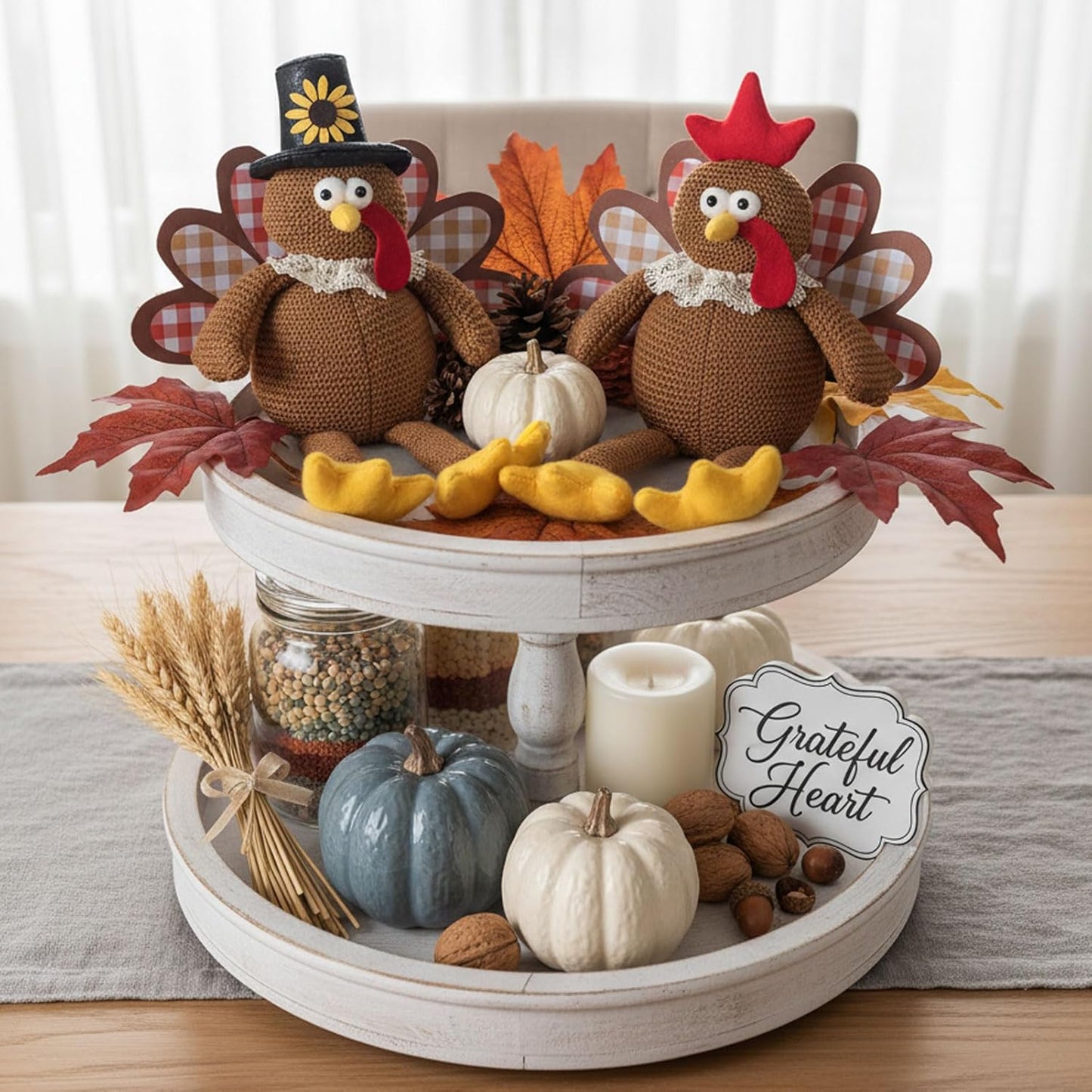 Skiennix Christmas Decorations - Set of 2 Turkey Plush Dolls with Dangling Legs | Fall Harvest Home Decor (Brown)