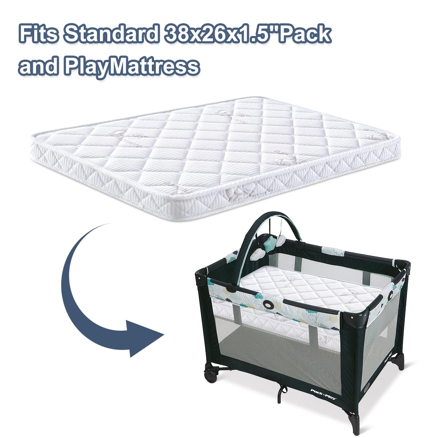 Pack and Play Mattress - 38" x 26"- Premium Knitted Fabric Safety Reinforced Play Yard Mattress - Fits for Graco & Baby Trend & Pamo Babe Playard, Firm Support and Comfort Foam，White