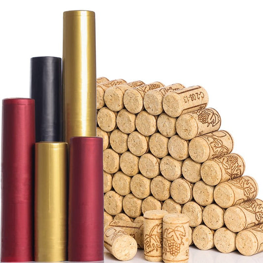 Guudoo 200 PCS Wine Bottle Corks and Seals, 100 Count Natural Wine Corks and 3 Colors (Red, Black, Gold) 100 Count PVC Heat Shrink Capsules for Wine Bottles, Size 8 Straight Cork Stopper