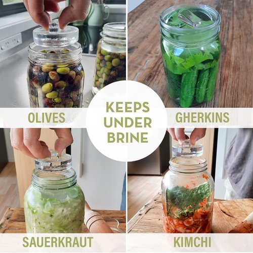 Glass Fermentation Weights for Wide Mouth Mason Jars — Set of 4, Easy Lift Handles — for Sauerkraut, Kimchi, Pickles & Kombucha