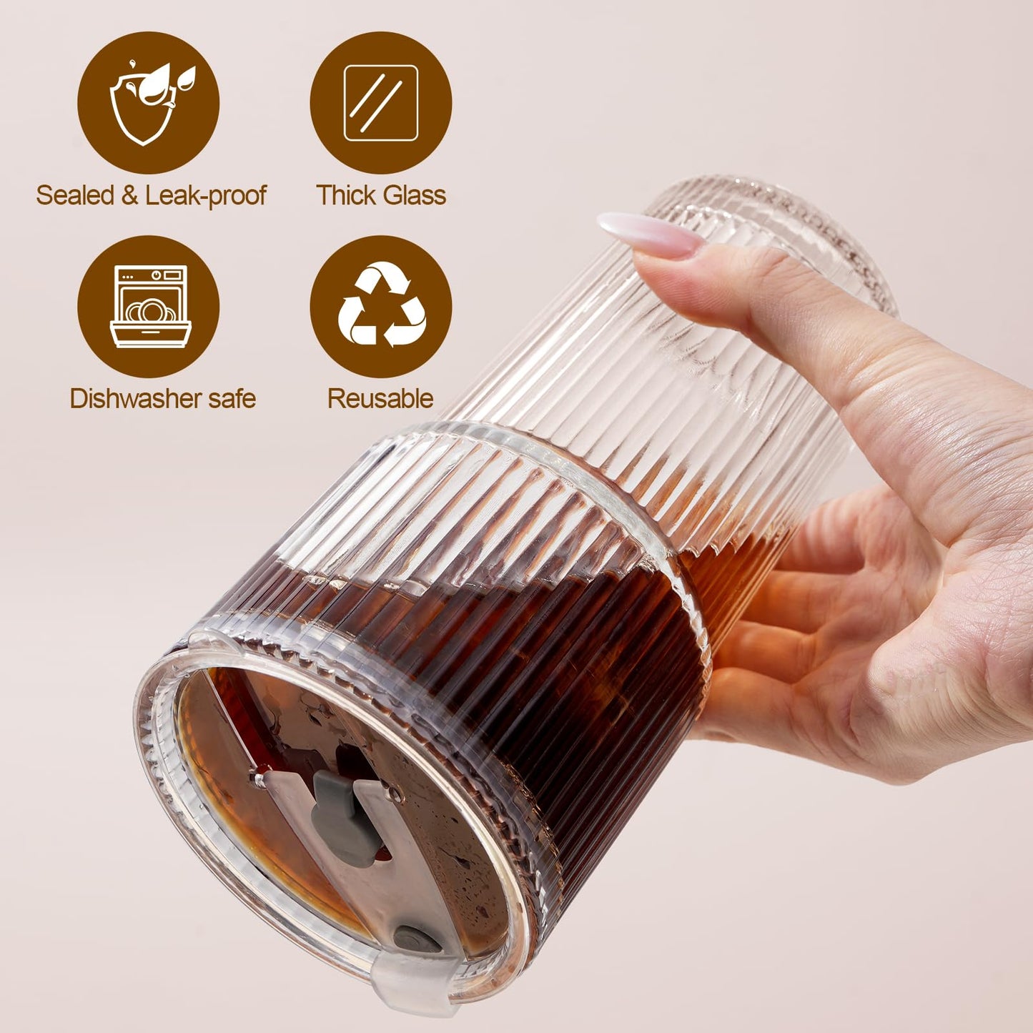 LUXULISH 20Oz Ribbed Glass Tumblers with Lids and Straws, Vintage Glass Cups Thickened Drinking Glasses Set of 4, Ideal for Iced Coffee, Smoothies, Cocktails, Matcha and Juices