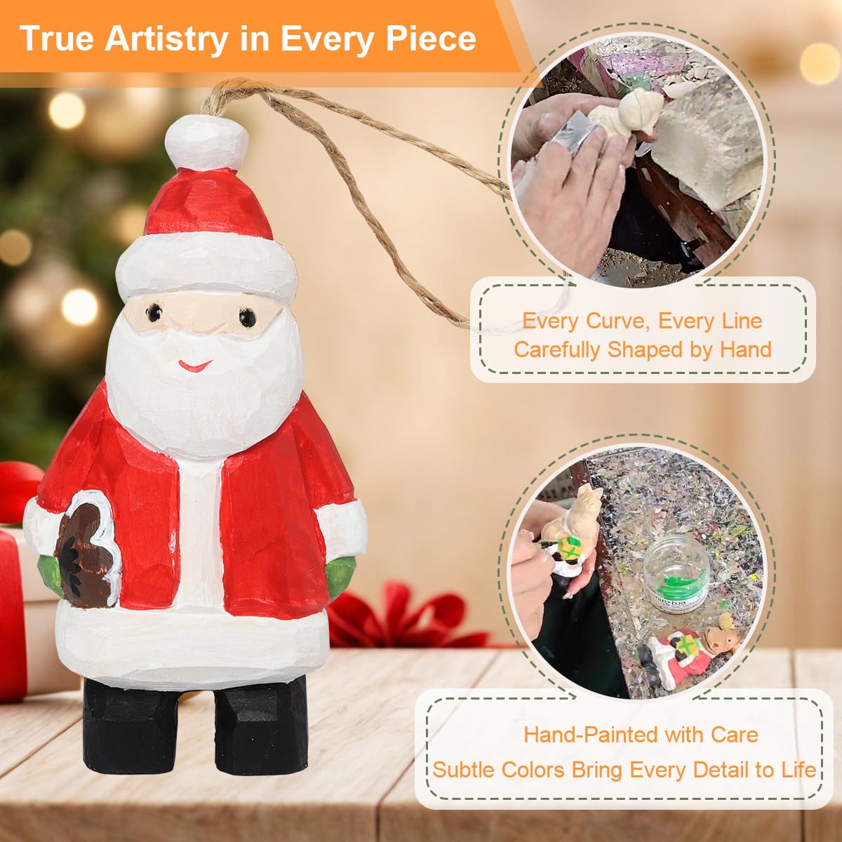 JSSTEM Wood Handmade Christmas Ornament, Rustic Holiday Tree Hanging Decoration, Hand Painted Wooden Figurine Gift for Home Décor(Santa Claus)