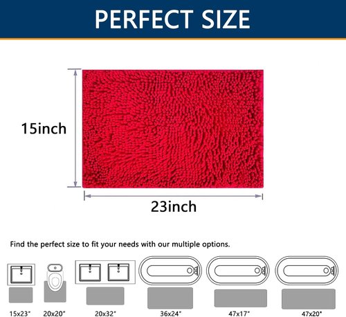 BOANKODU Bathroom Rugs - Extra Soft Chenille Bath Mats | Quick Dry, Machine Washable, 15x23, Red