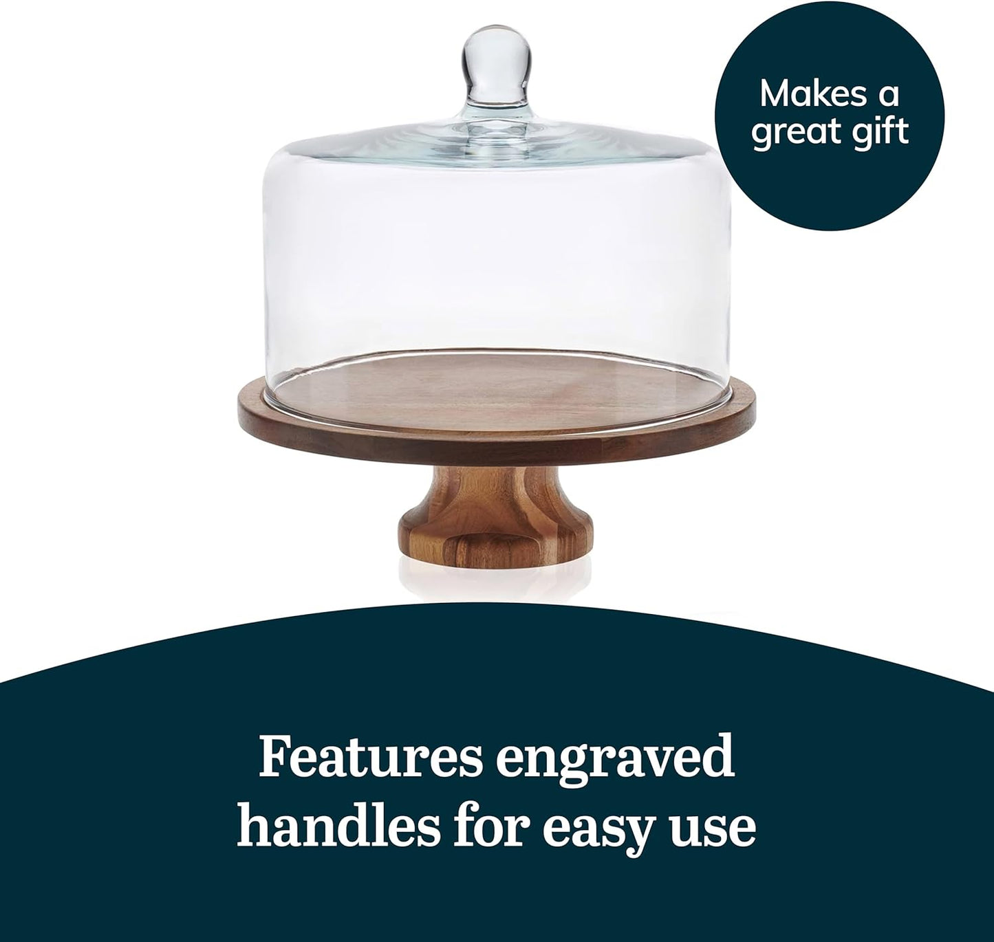 Libbey Acacia Wood Cake Stand - Elegant Footed Design with Glass Dome Lid | Perfect for Desserts