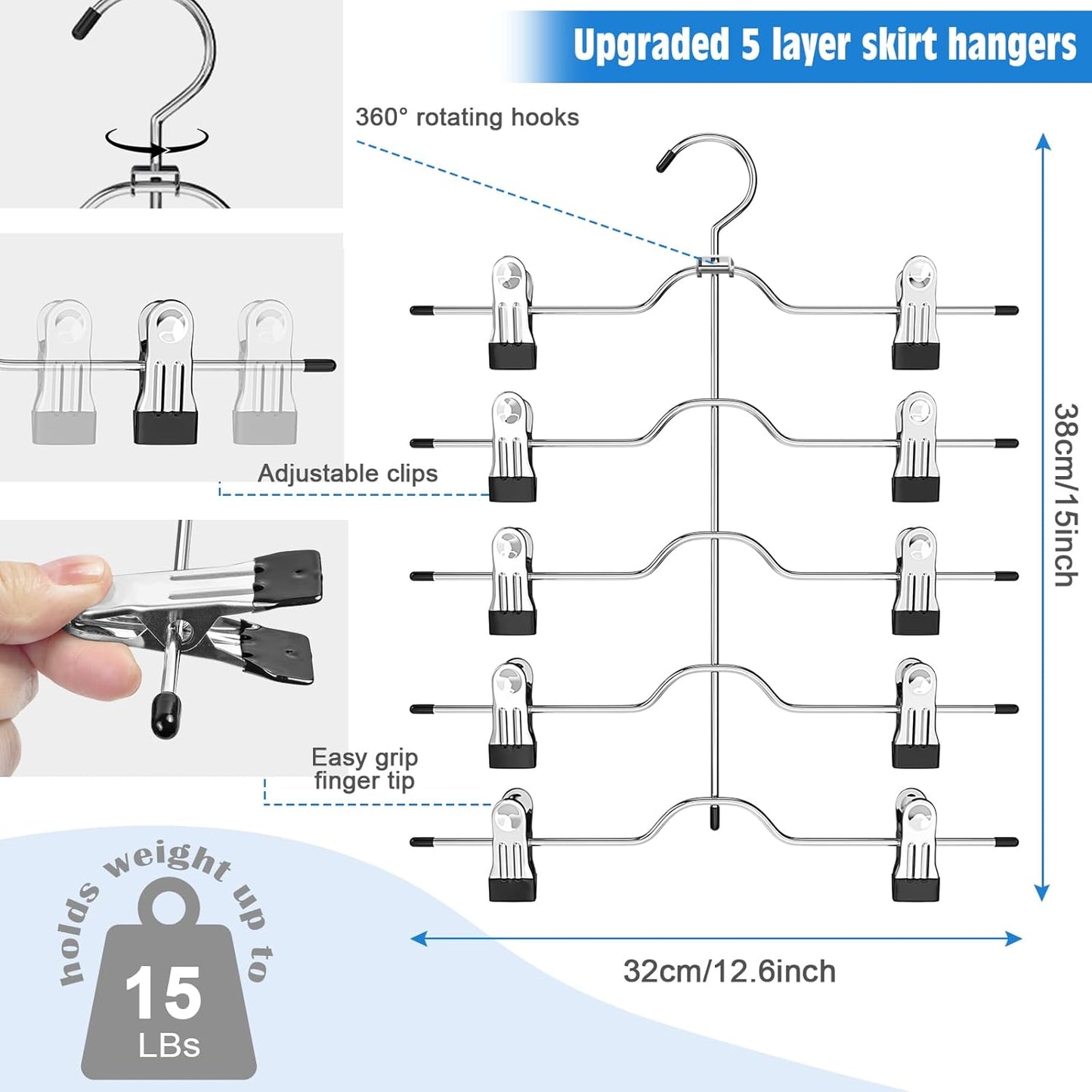 Skiennix Pants Skirt Hangers - Space-Saving Closet Organizer with Clips | 2-Pack Set