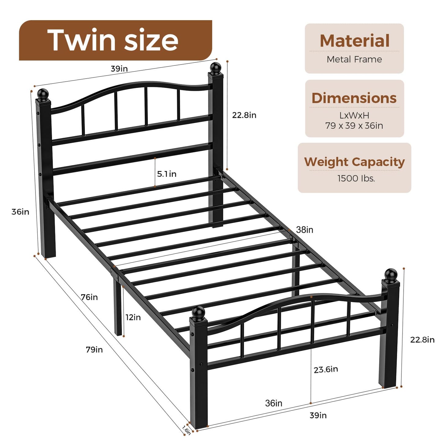 Blbeed Metal Twin Bed Frames, Noise-Free Design & Underbed Storage Heavy Duty Bed Frames with Headboard No Box Spring Needed/Tool-Free Assembly