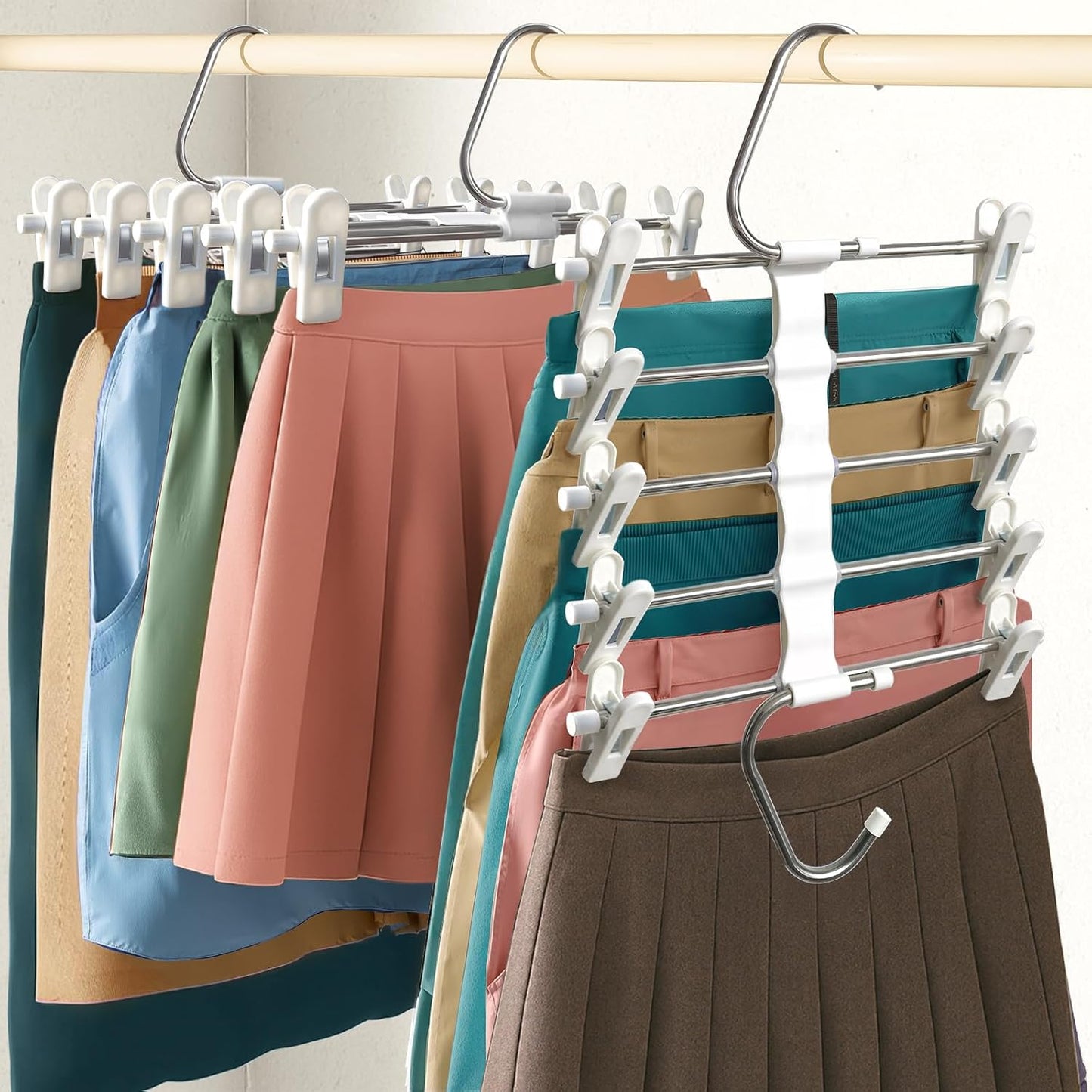 Skiennix Skirt Hangers - Space-Saving Metal Clips for Shorts, Skirts & Pants - 2 Pack Closet Organizer