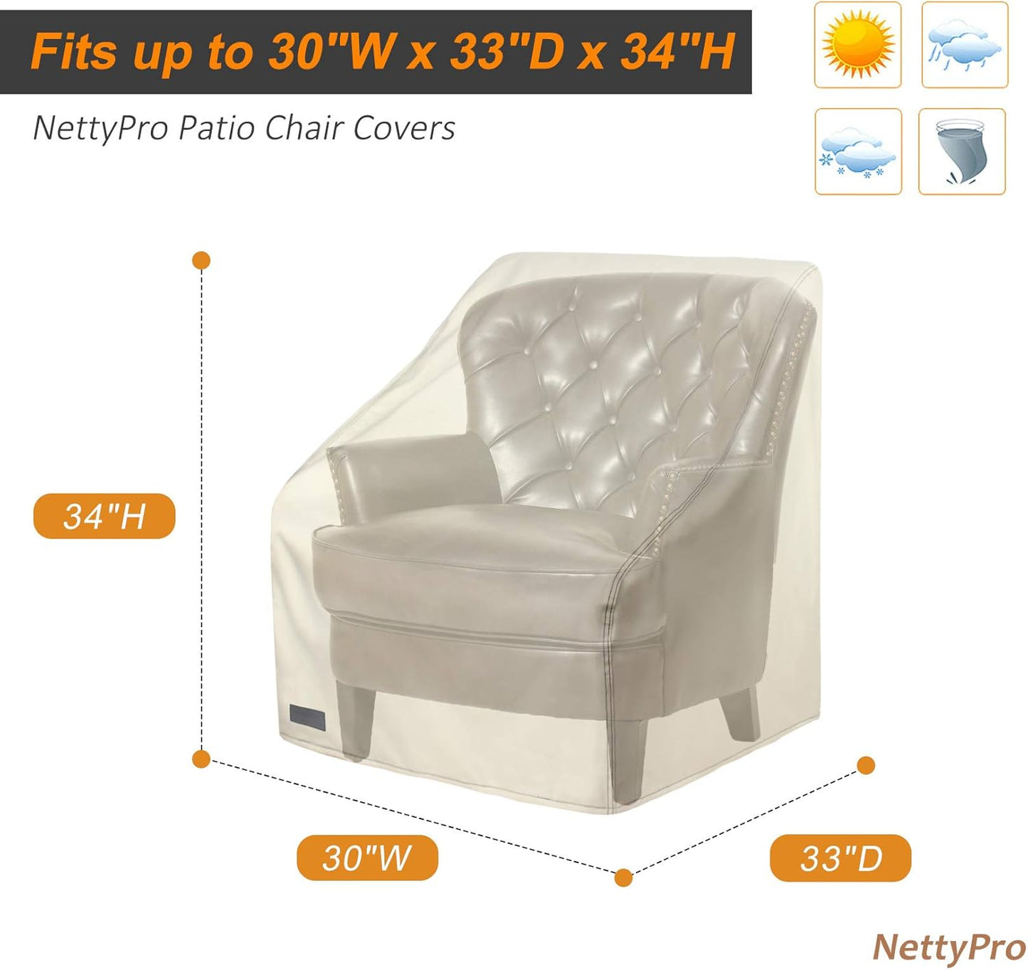 NettyPro Patio Chair Covers - Waterproof Heavy-Duty Outdoor Furniture Protection | 2 Pack, Beige, 30W x 33D x 34H Inches