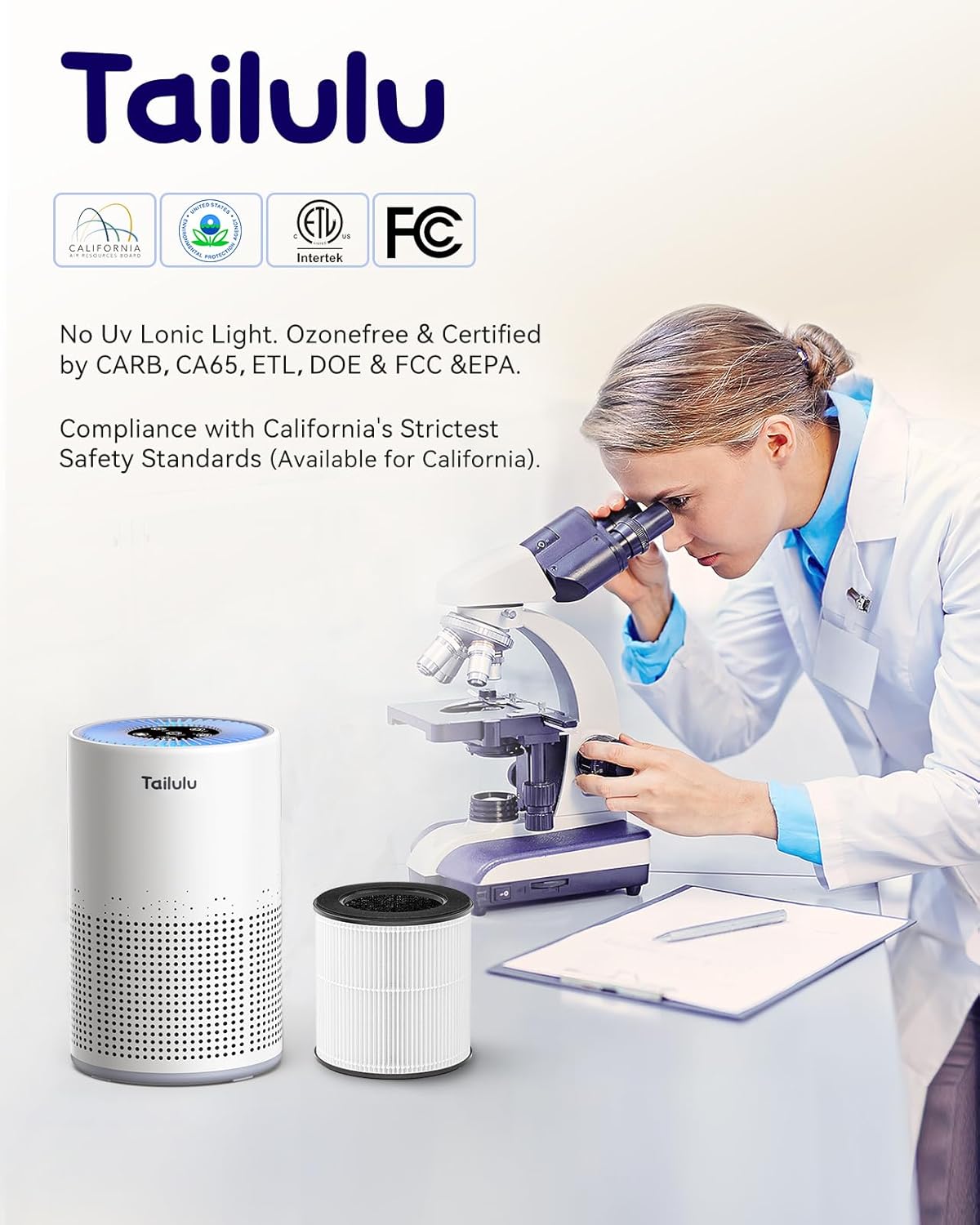 Tailulu H13 True HEPA Air Purifier - Portable 1200 Ft² Odor & Dust Cleaner with 12dB Sleep Mode & Timer