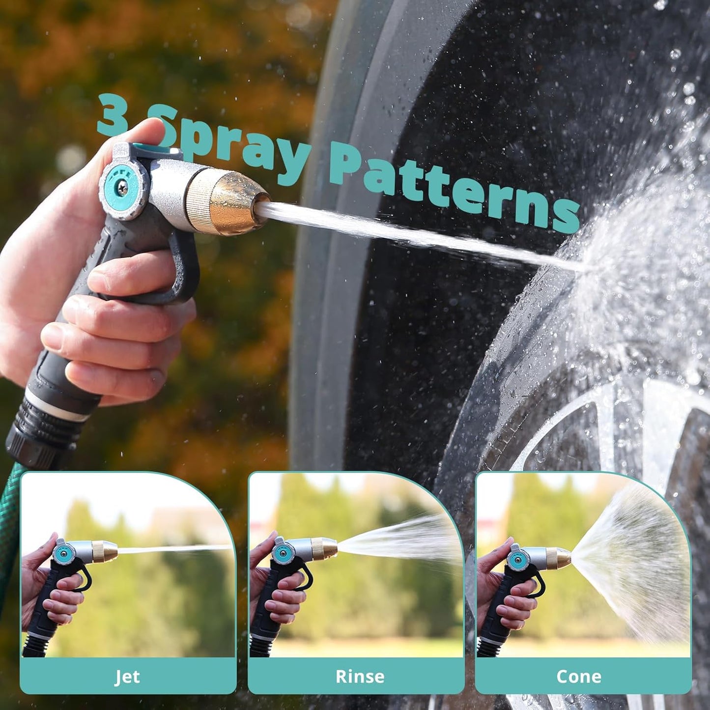 QUOBAS Heavy Duty Metal Garden Hose Nozzle - High Pressure 3 Patterns with Thumb Control | Ideal for Car Wash & Patio Cleaning