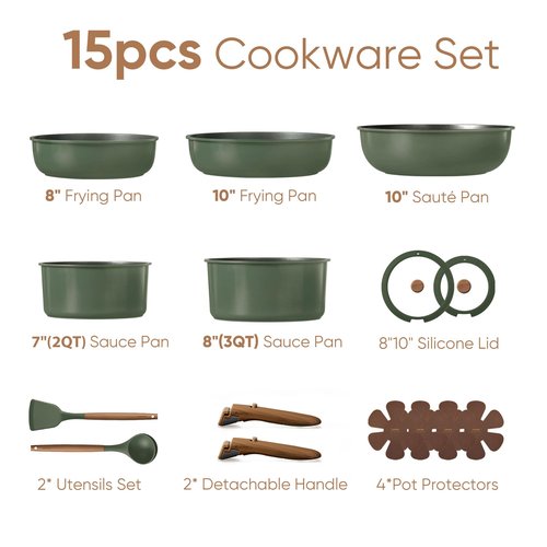 CAROTE 15pcs Pots and Pans Set, Nonstick Cookware Set Detachable Handle, Induction Kitchen Cookware Sets Non Stick with Removable Handle, RV Cookware Set, Oven Safe