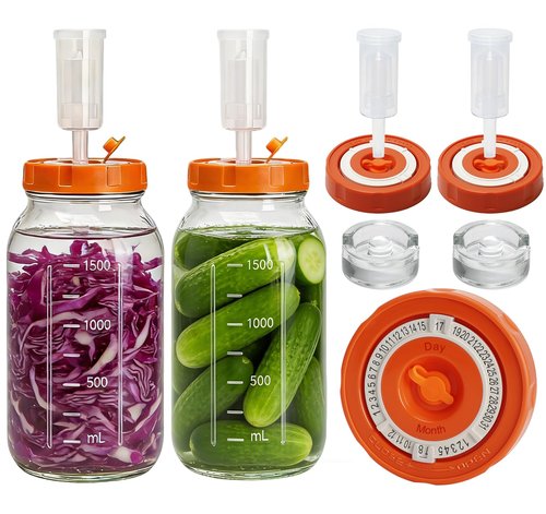 Hersolm Fermentation Kit for Wide Mouth Mason Fermenting Jar, 4 Glass Weights,4 Lids with Date Marker,4 Airlocks (No Jars) Complete Pickling Sauerkraut Kit