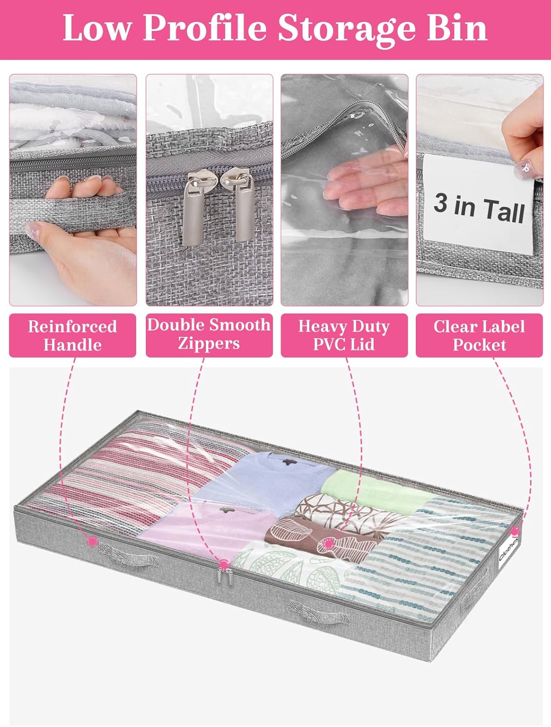 Under Bed Storage Containers by [Brand Name] - Foldable Clothes Organizer with Lid & Zipper | 3-Inch Low Profile, Gray, 2-Pack