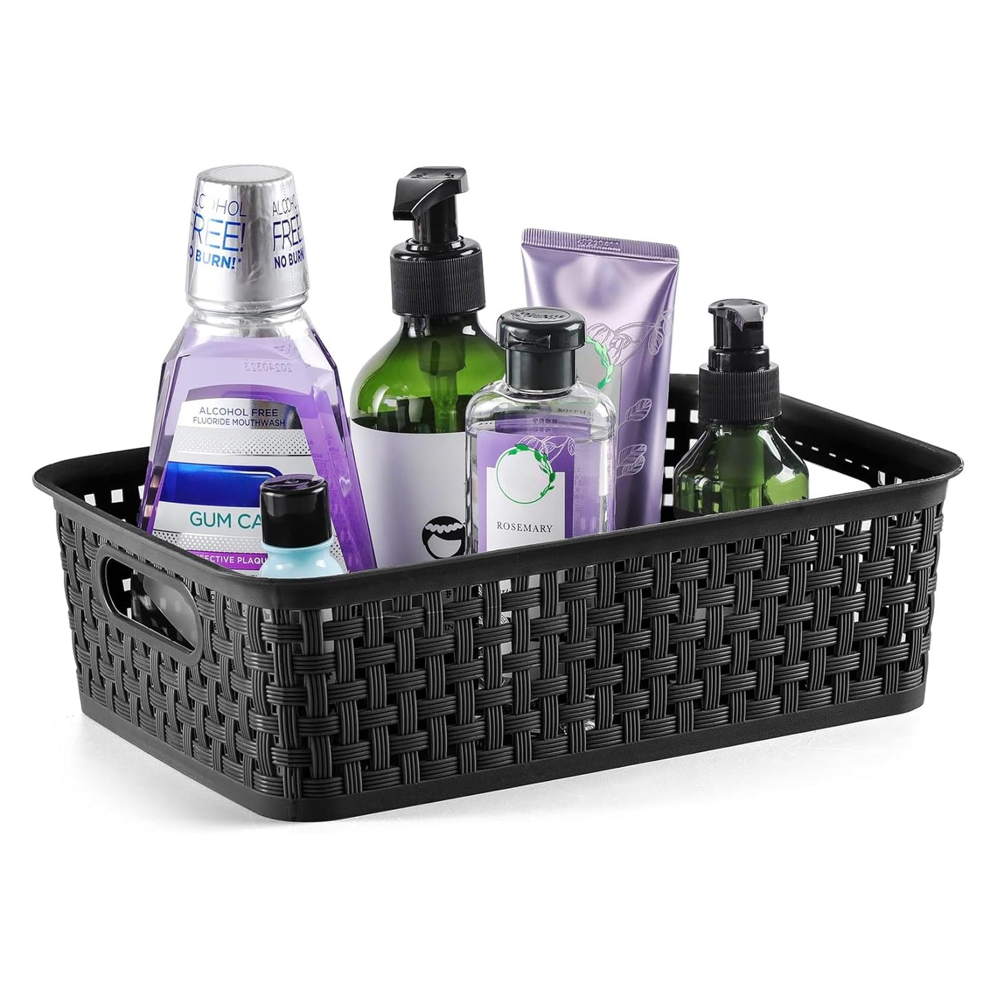 [ 8 Pack ] Plastic Storage Baskets, Small Pantry Organization and Storage Bins, Household Organizers for Laundry Room, Bathrooms, Kitchens, Cabinets, Countertops, Under Sink or Shelves, Black