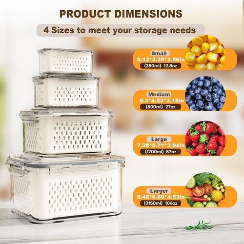 4 Pcs BPA-Free Fruit Storage Containers by [Brand Name] - Leak-Proof Design with Drain Basket | Keep Fruits & Vegetables Fresh
