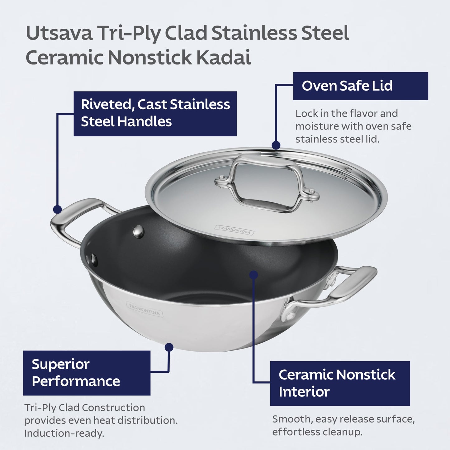 Tramontina Utsava Tri-Ply Clad Stainless Steel 4-Quart Kadai with Lid and Ceramic Non Stick Interior, Induction-Ready Large Kadhai Pot for Indian Cooking