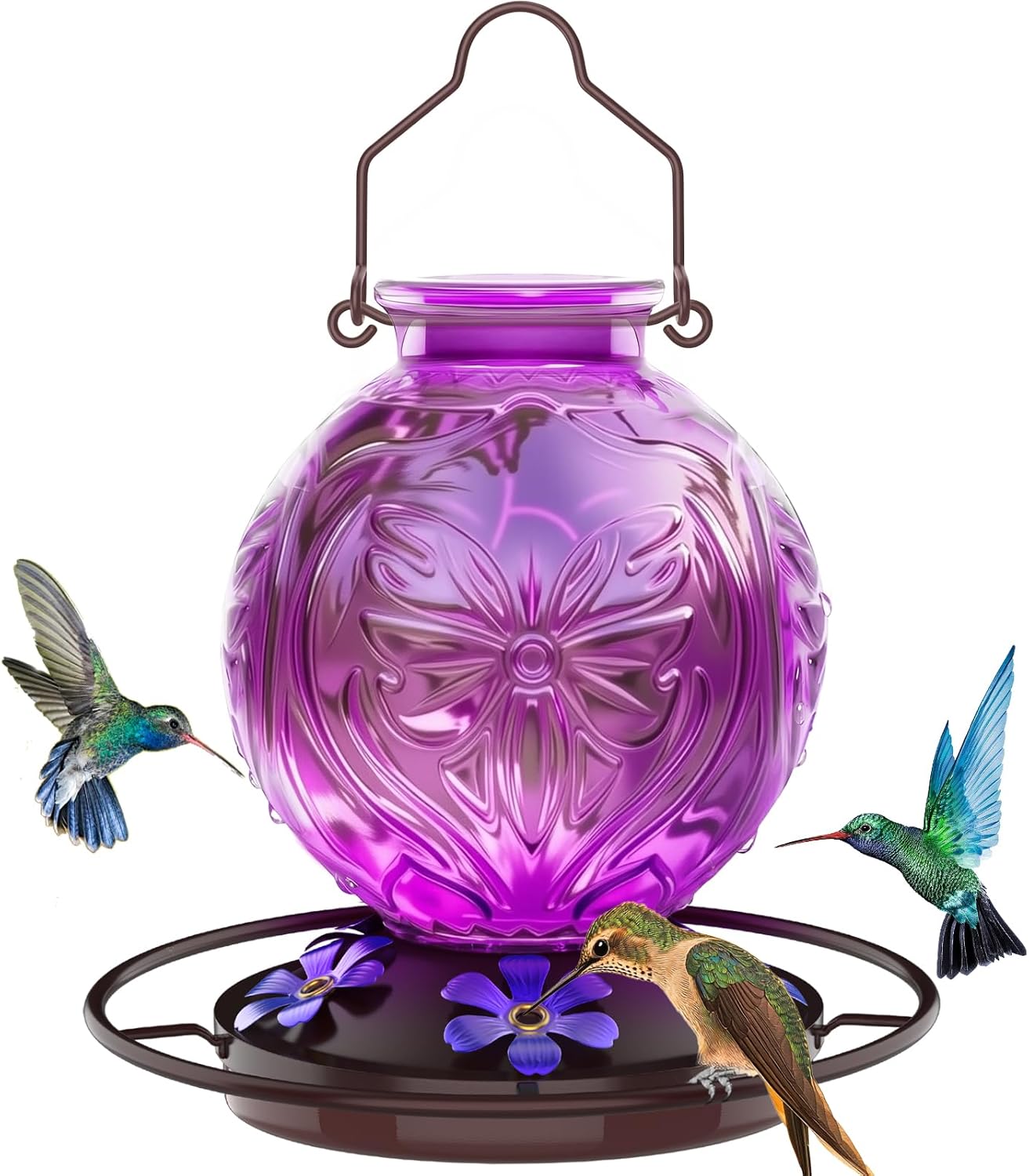 Skiennix Glass Hummingbird Feeder - 25oz Leak-Proof Outdoor Nectar Feeder with 5 Flower Ports | Purple Garden Decor