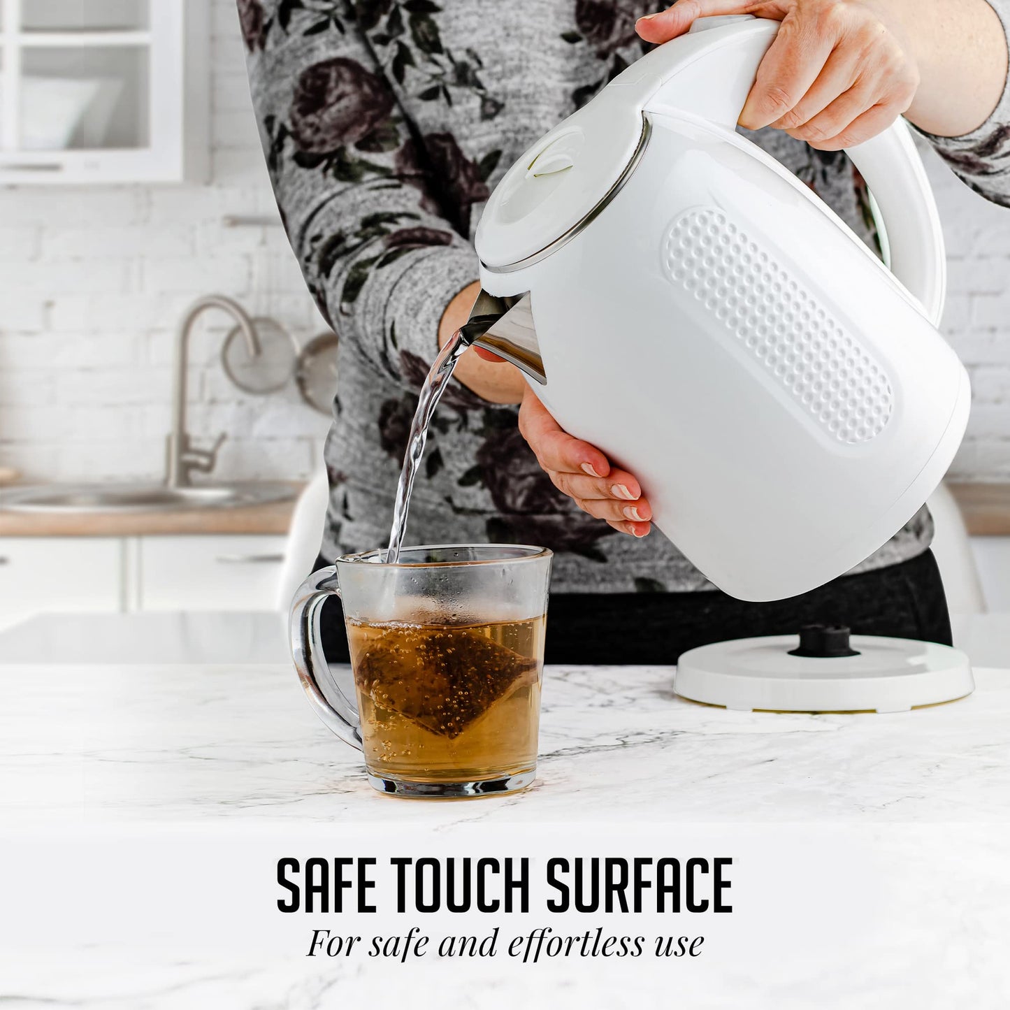 OVENTE 1.7L Double Wall Electric Tea Kettle, 1100W Water Boiler and Heater with Cool-Touch Exterior, Stainless Steel Insulated Interior, Auto Shut-Off, Boil-Dry Protection & Locking Lid, White KD64W