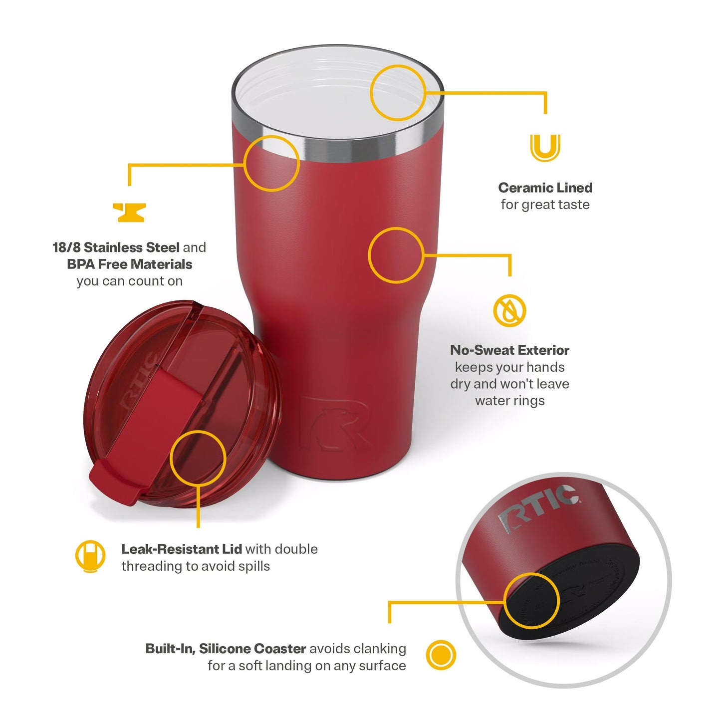 RTIC 30oz Essential Tumbler with Lid, Ceramic Lined, Insulated, Stainless Steel, Metal, Double Wall Vacuum-Insulation, Travel Cup for Iced Coffee, Tea, Hot and Cold Drink, Flag Red