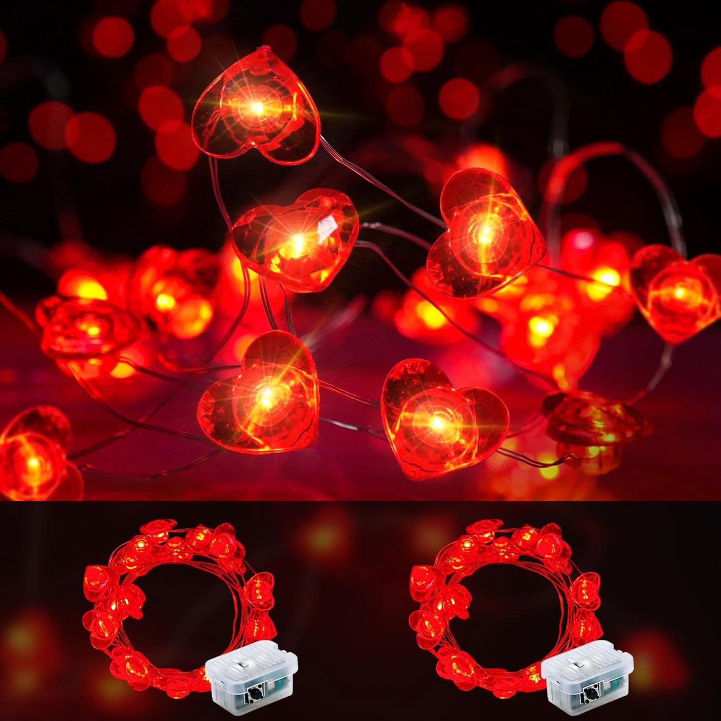 Skiennix Red Heart Fairy Lights - 7Ft 20 LED Twinkle String Lights | Battery Operated & Waterproof for Valentine's Day, Weddings & Parties - 2 Pack