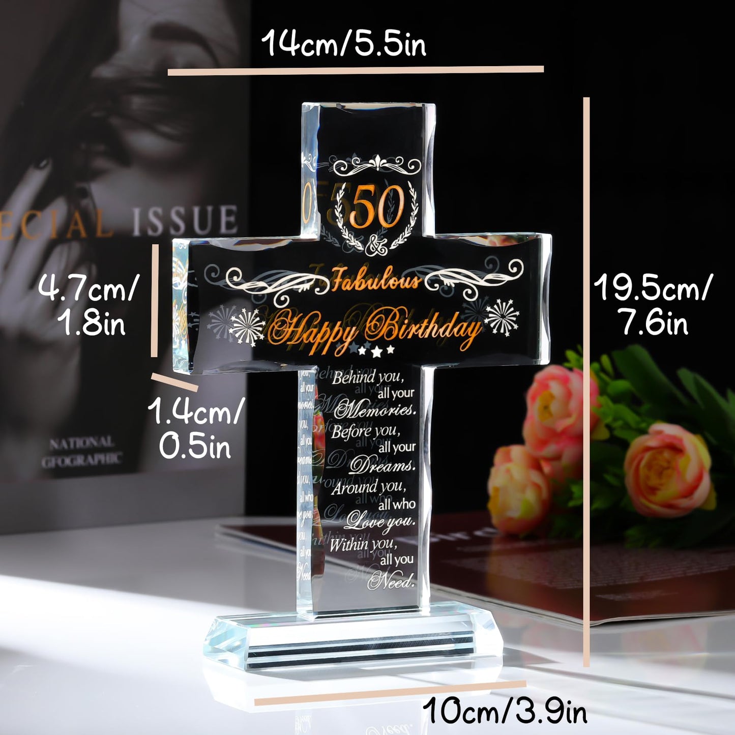 50th Birthday Religious Gifts for Women, Men - Glass Stand Cross Engraved with 50 Year Old Birthday Blessing for Sister, Friend, Wife - Turning 50 Keepsake Home Decor
