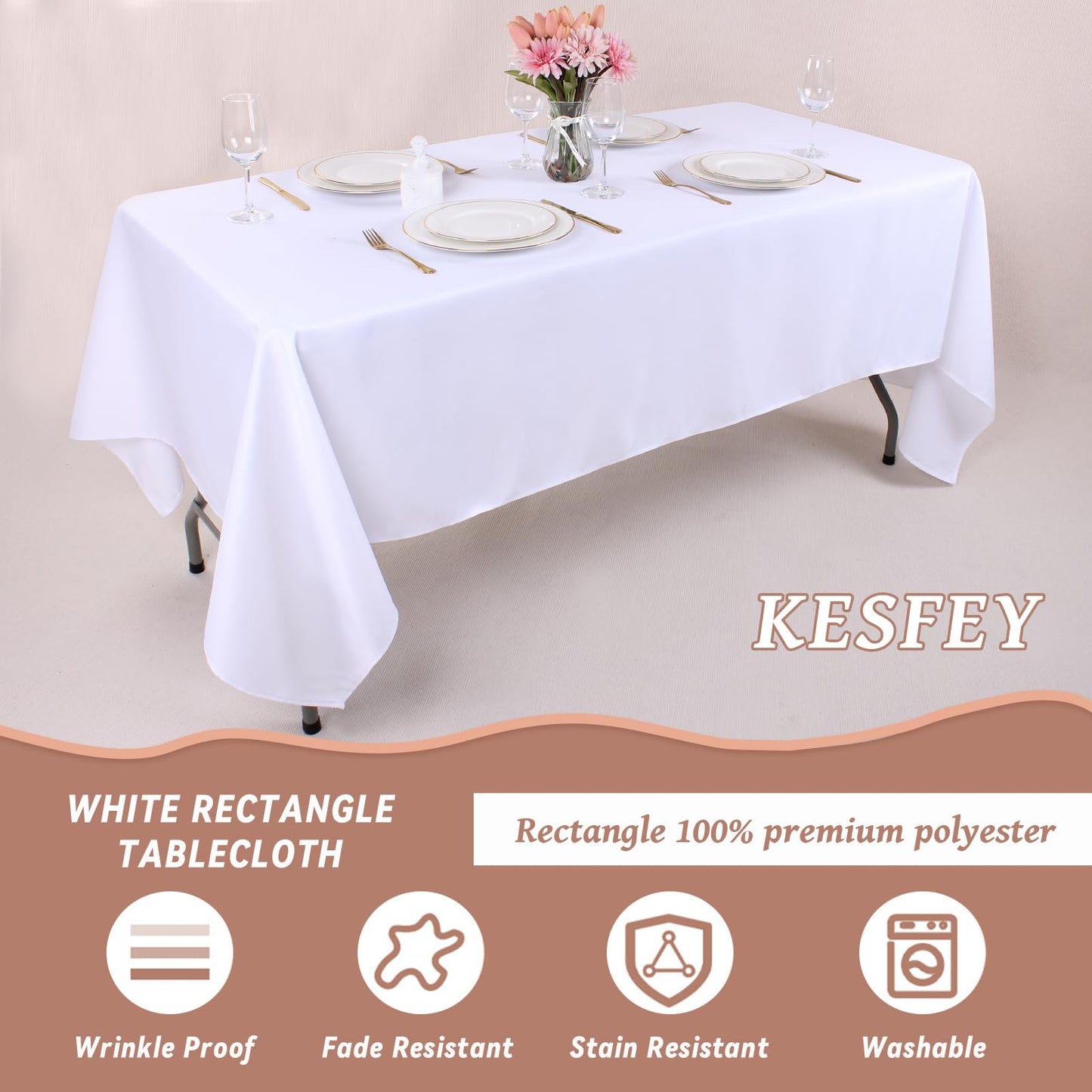 Kesfey 4 Packs White Table Cloths Rectangle 60 x 84 inch Washable Polyester Fabric White Tablecloths for 4 Feet Tables Stain and Wrinkle Resistant Reusable Table Covers for Parties Wedding Banquet
