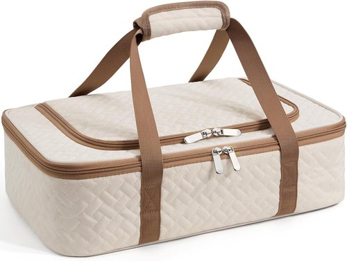 Insulated Casserole Carrier - Portable Hot/Cold Food Holder for Parties & Travel | Fits 9" x 13" Dish (Beige)