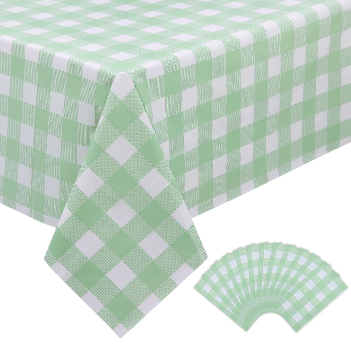 Kesfey 12 Packs Sage Green Gingham Tablecloth Sage Green and White Checkered Table Cloths 54 x 108 Inches Disposable Plastic Gingham Tablecovers Waterproof Picnic Camping Table Covers for Baby Shower