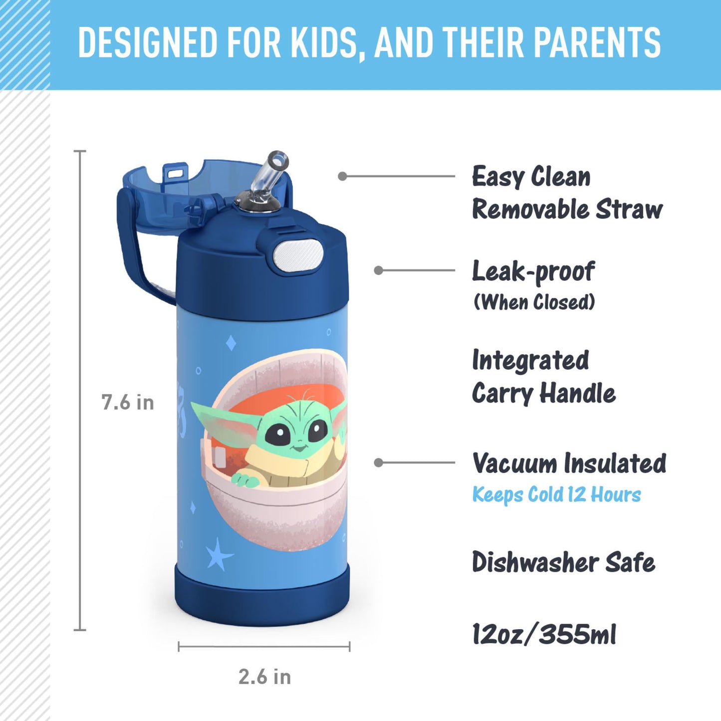 THERMOS FUNTAINER Water Bottle with Straw - 12 Ounce - Kids Stainless Steel Vacuum Insulated Water Bottle with Lid, Mandalorian The Child