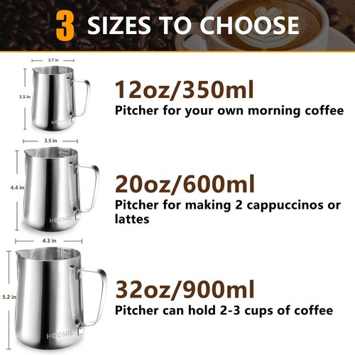 HOOMIL Stainless Steel Milk Frothing Pitcher - Barista-Grade Jug for Espresso & Latte Art | 12oz, 20oz, 32oz