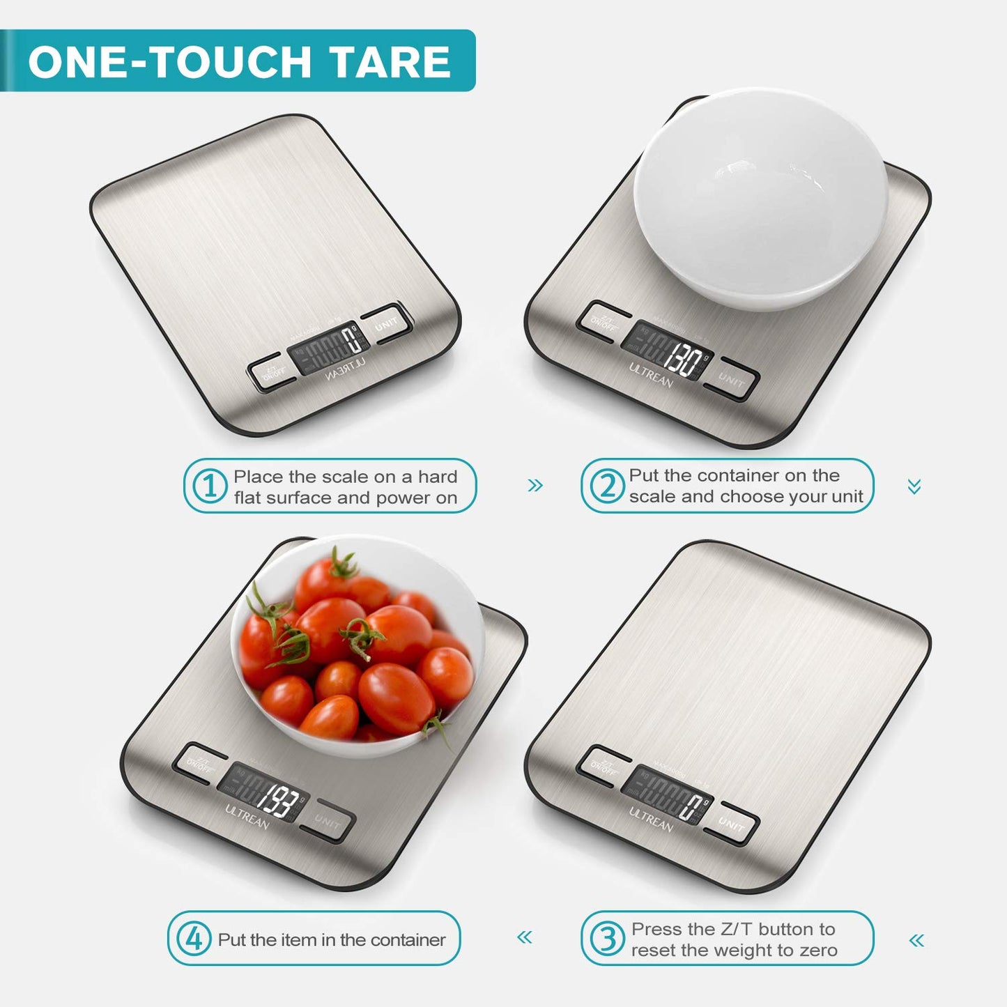 Ultrean Food Scale, Digital Kitchen Scale with LCD Display, Weight Grams and Ounces for Baking Cooking and Meal Prep, 6 Units with Tare Function, 304 Stainless Steel, 11lb (Batteries Included)