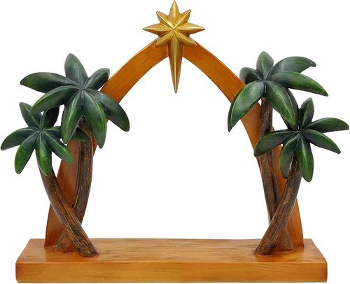 "Comfy Hour 11" Rustic Wood Nativity Stable - Star & Palm Trees | Christmas Figurine Backdrop Decor