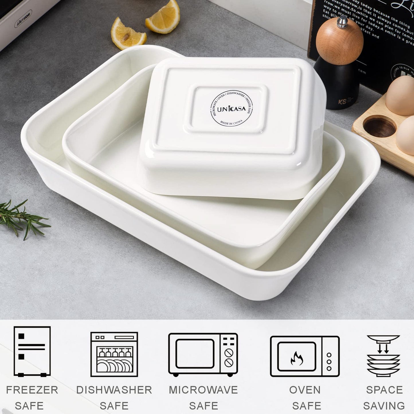 UNICASA Ceramic Oven Dishes, Set of 3 Lasagne Dishes 1000/2000/3500 ML, Rectangular Casserole Dishes, Non-Stick Reactive Glaze, White Casserole Oven
