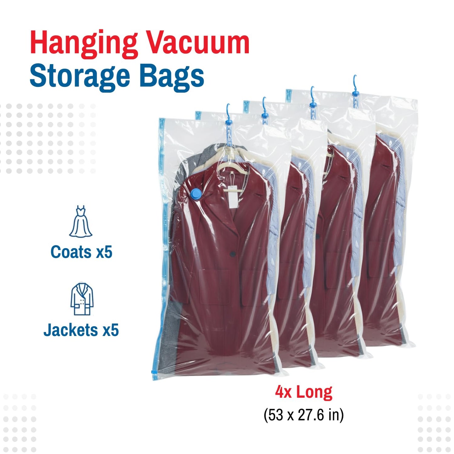 Spacesaver Hanging Vacuum Storage Bags (Pack of 4) - Vacuum Sealer Bags, Closet Organizer, Sealed Storage, Space Bag - Blanket, Bedding, Garment, Clothing, Dress, Suit, Long Coat, Jacket