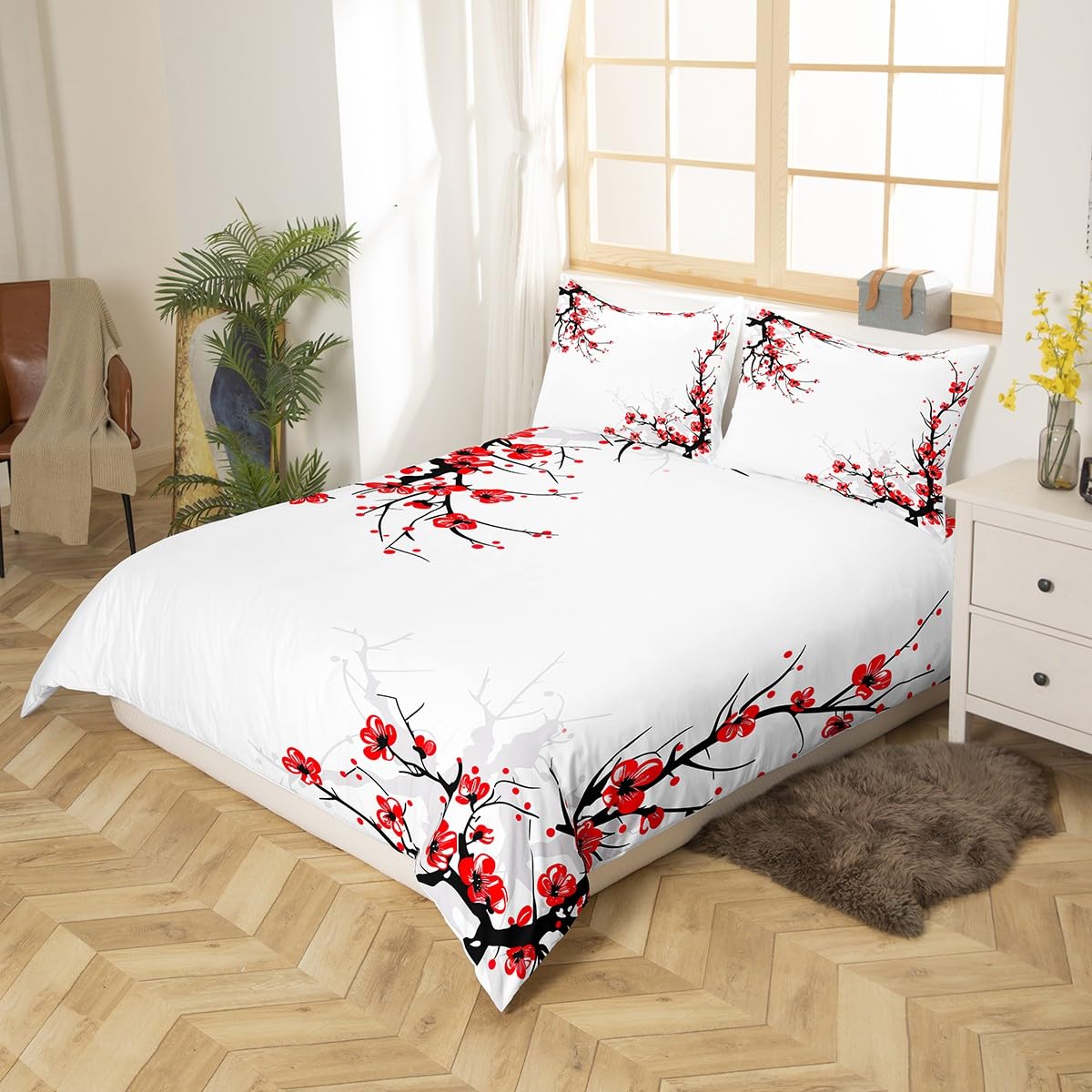 Japanese Duvet Cover King Size,Adult Women Spring Cherry Blossom Comforter Cover Asian Botanic Themed Pattern Fresh Organic Art Bedding Set, Branch of Red Flowers Decorative Bedspreads White Black