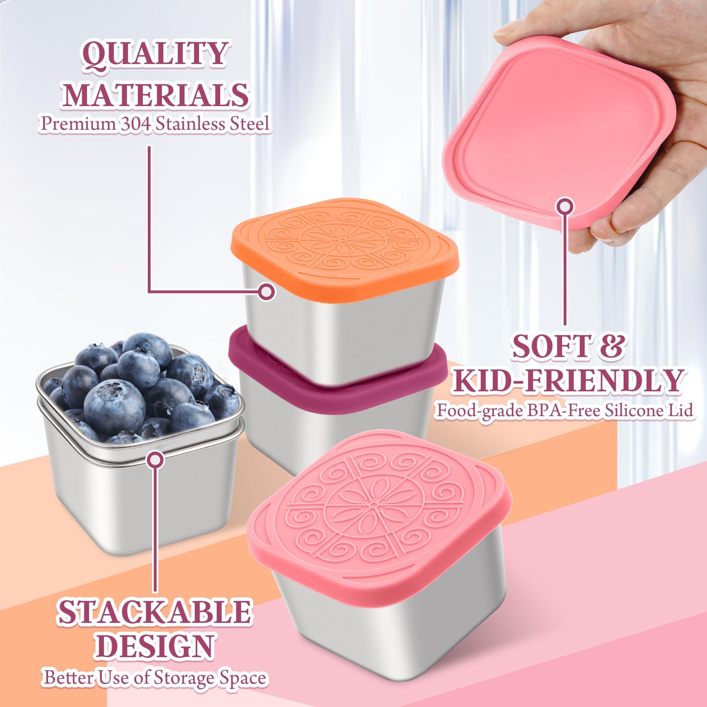 Qukaka Stainless Steel Snack Containers for Kids,7.2oz Easy Open Leak Proof Reusable Snack Box Container with Lids,Small Lunch Containers for Meal Prep,School,Picnic and Travel-3Pack