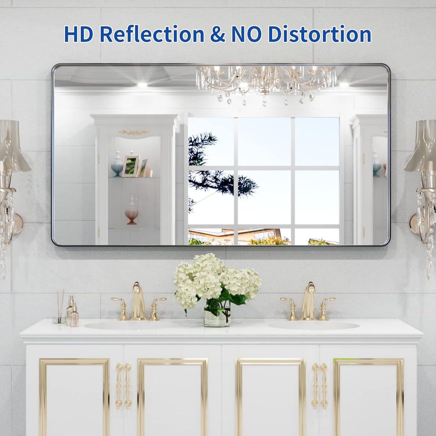 WEER Black Metal Frame Bathroom Mirror - 55x30 Inch Rounded Rectangle | Anti-Rust Tempered Glass, Versatile Hanging Options