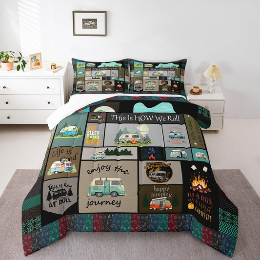 Travel Car Grid Comforter Set Queen Size Happy Camping Bedding Set for Kids Boys Girls Bedroom Decoration Colorful Cartoon Cars Bed Duvet Insert Vintage Comforter with 2 Pillowcase