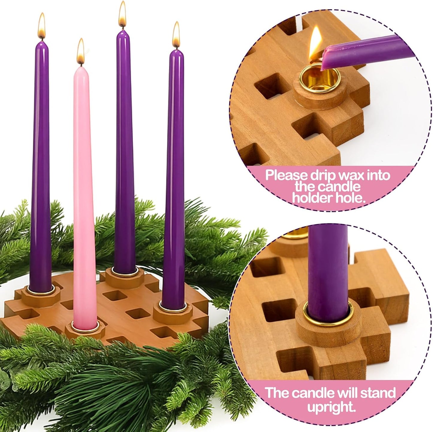 Mumufy Advent Candle Holder Set - 5 Pcs Snowflake Wooden Centerpiece with Purple & Pink Taper Candles