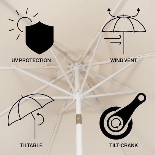Jonathan Y Umbrella - 9 ft. Classic Mid-Century Scalloped Fringe Patio Umbrella with Auto-Tilt & UV Protection - Cream/White