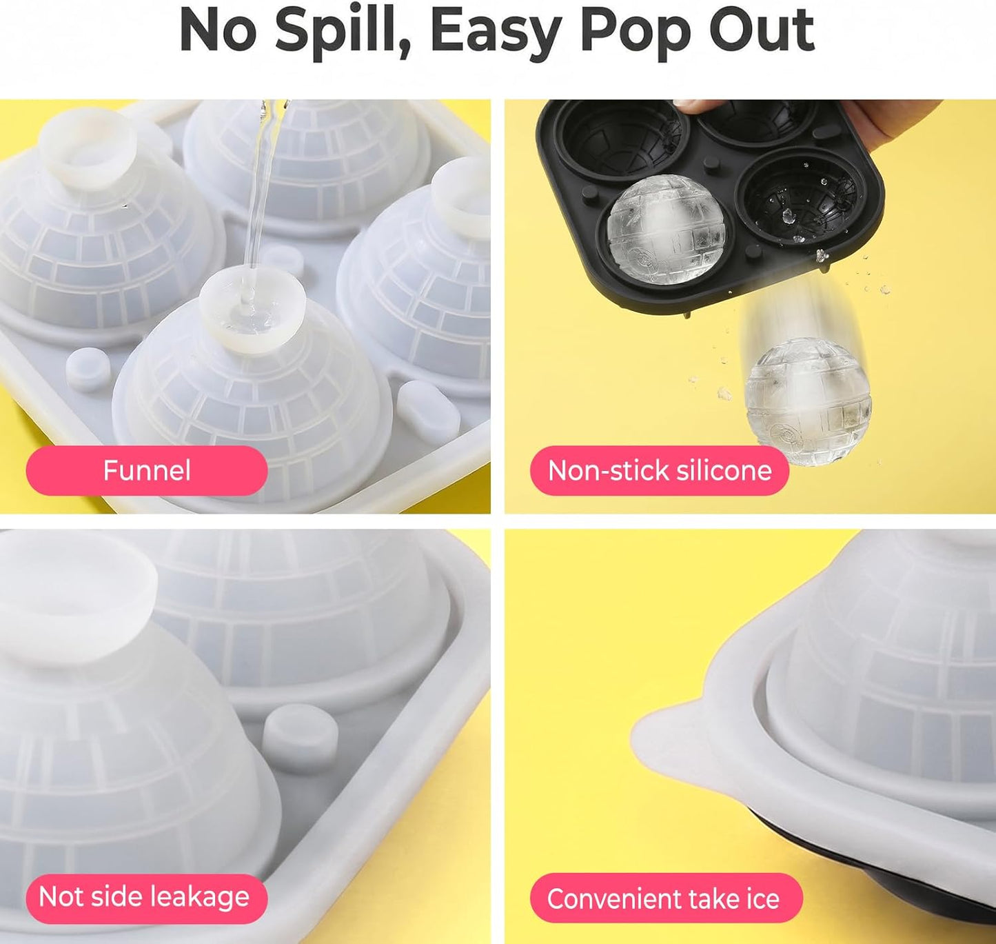 SpaceTime Large Ice Cube Tray - Silicone Round Ice Cube Mold with Lids & Funnel, 2.5 Inch for Whiskey & Cocktails